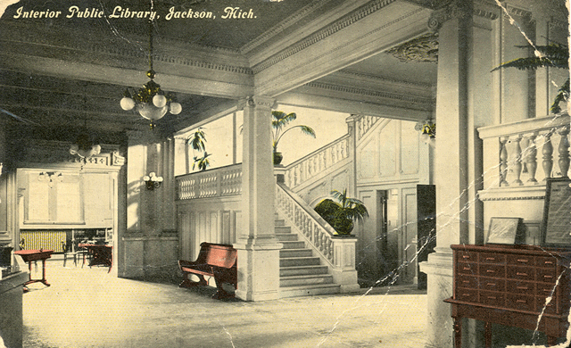 Jackson, MI Carnegie Library lobby and stairs